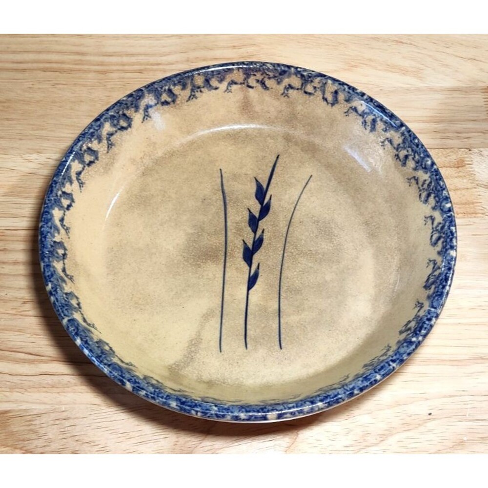 VTG Roseville Robinson Ransbottom Blue Wheat Spongeware 10 in Pie Plate-USA